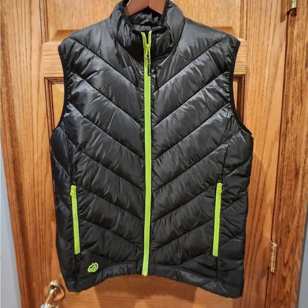 Black Puffer Vest with Green Accents